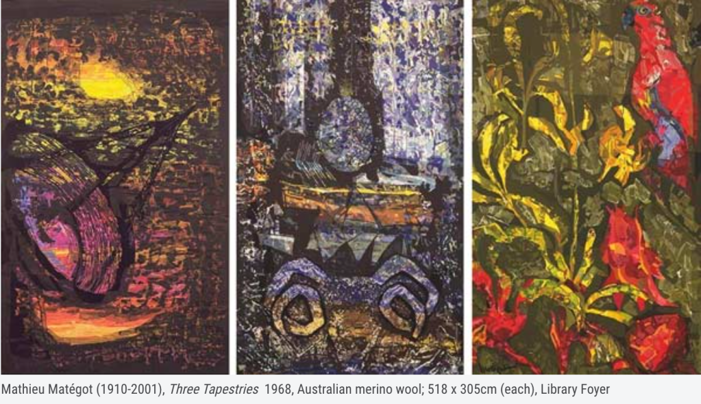 Trilogy of Tapestries pinched straight from the National Library of Australia's website - https://www.nla.gov.au/about-us/our-building/building-art/artwork-foyer-exterior-and-grounds.